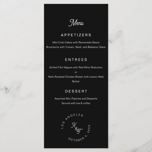 Zwart-wit monogram Personaliseer bruiloft Menu (Voorkant)