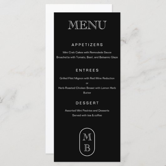 Zwart-wit monogram Personaliseer bruiloft Menu (Voorkant / Achterkant)