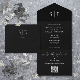 Zwart-Wit Monogram QR Code Trouwfeest All In One Uitnodiging