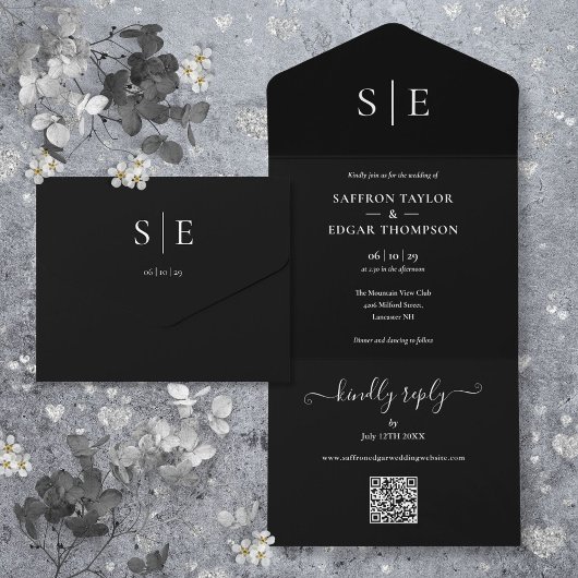 Zwart-Wit Monogram QR Code Trouwfeest All In One Uitnodiging
