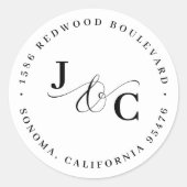 Zwart & Wit Monogram Retouradres Bruiloft Ronde Sticker (Voorkant)