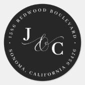 Zwart & Wit Monogram Retouradres Bruiloft Ronde Sticker (Voorkant)