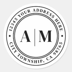 Zwart Wit Monogram Retouradres Ronde Sticker