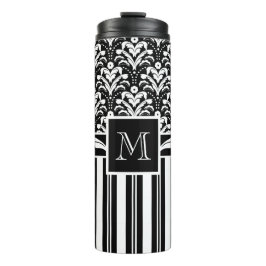 Zwart-wit Monogram Retro Bloemen Damast Thermosbeker
