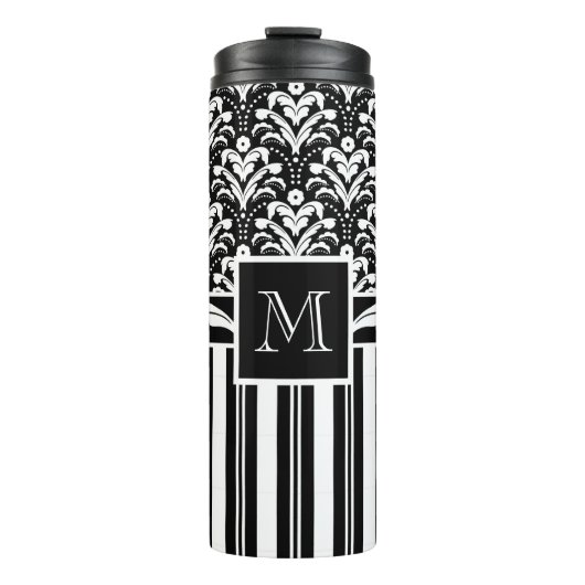 Zwart-wit Monogram Retro Bloemen Damast Thermosbeker (Voorkant)