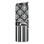 Zwart-wit Monogram Retro Bloemen Damast Thermosbeker (Gedraaid links)