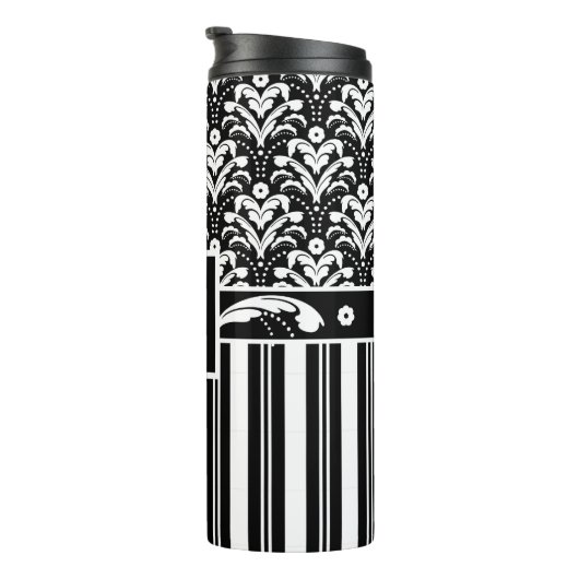 Zwart-wit Monogram Retro Bloemen Damast Thermosbeker (Geroteerd rechts)