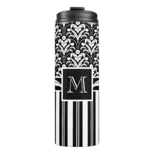 Zwart-wit monogram Retro Floral Damask Thermosbeker