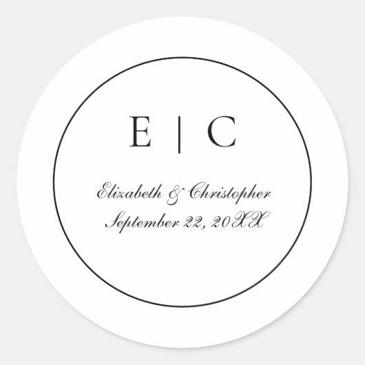 Zwart wit monogram script Traditioneel bruiloft Ronde Sticker (Voorkant)