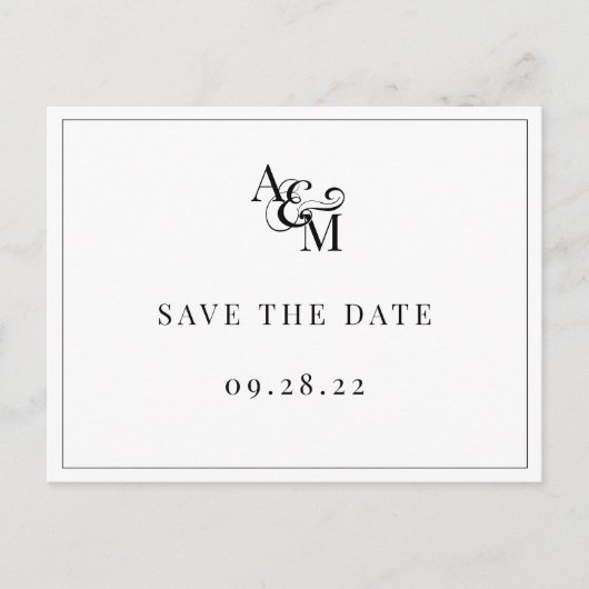 Zwart Wit Monogram Simpel Elegant Save The Date Uitnodiging Briefkaart (Voorkant)