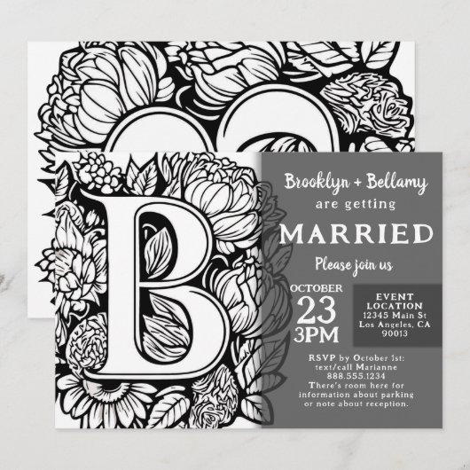 Zwart-wit Monogram Tattoo Bloemen Bruiloft Kaart (Voorkant / Achterkant)