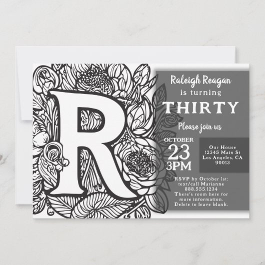 Zwart-wit Monogram Tattoo Bloemen Verjaardag Kaart (Voorkant)