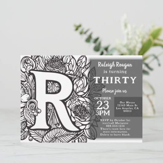 Zwart-wit Monogram Tattoo Bloemen Verjaardag Kaart (Staand voorkant)