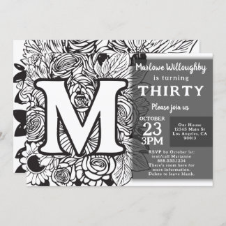 Zwart-wit Monogram Tattoo Bloemen Verjaardag Kaart