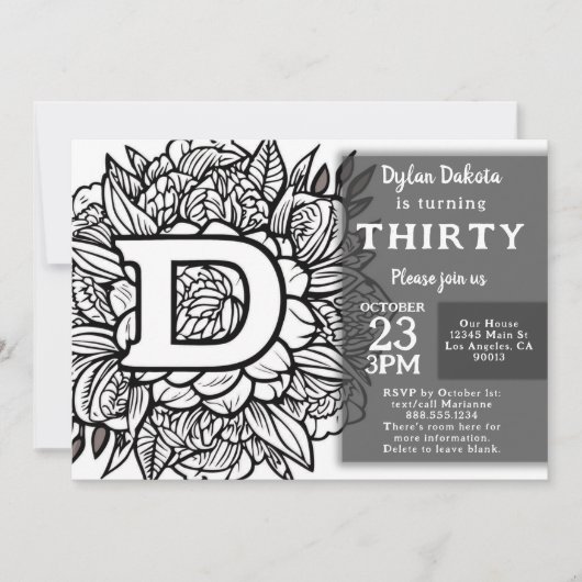 Zwart-wit Monogram Tattoo Bloemen Verjaardag Kaart (Voorkant)