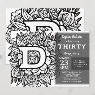 Zwart-wit Monogram Tattoo Bloemen Verjaardag Kaart