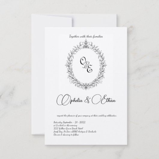 Zwart & wit Monogram Victoriaans kuif bruiloft Kaart (Voorkant)