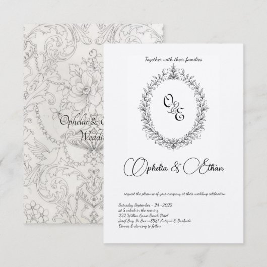 Zwart & wit Monogram Victoriaans kuif bruiloft Kaart (Voorkant / Achterkant)