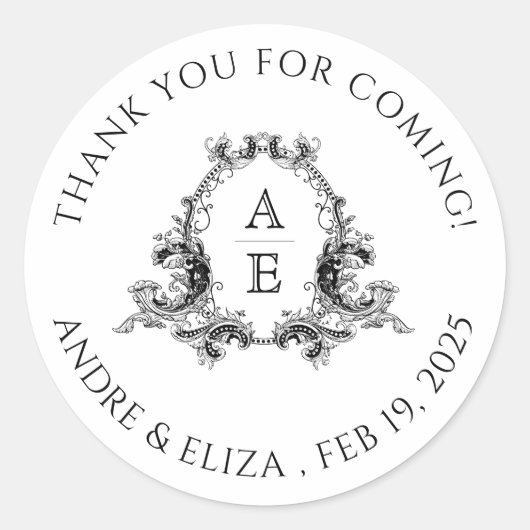 Zwart-wit Monogram Weddenschap Dank je Sticker (Voorkant)