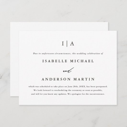 Zwart-wit Monogram Weddenschap Uitstel Aankondigingskaart (Voorkant / Achterkant)