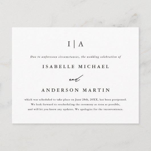 Zwart-wit Monogram Weddenschap Uitstel Aankondigingskaart (Voorkant)