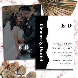 Zwart-wit monogram zijgolf foto bruiloft kaart