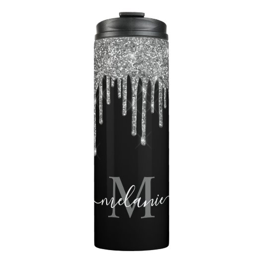 Zwart-wit monogram zilver glitter Drip Thermosbeker (Voorkant)