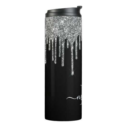 Zwart-wit monogram zilver glitter Drip Thermosbeker (Gedraaid links)