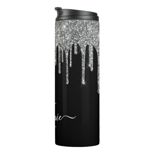 Zwart-wit monogram zilver glitter Drip Thermosbeker (Geroteerd rechts)