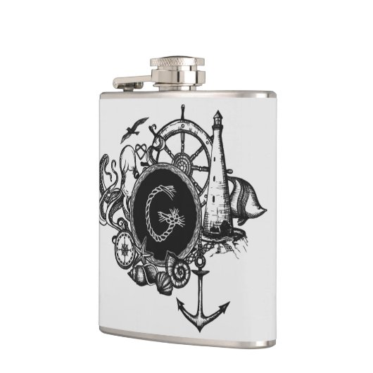 Zwart-wit monogramme Nautisch thema Heupfles (Links)