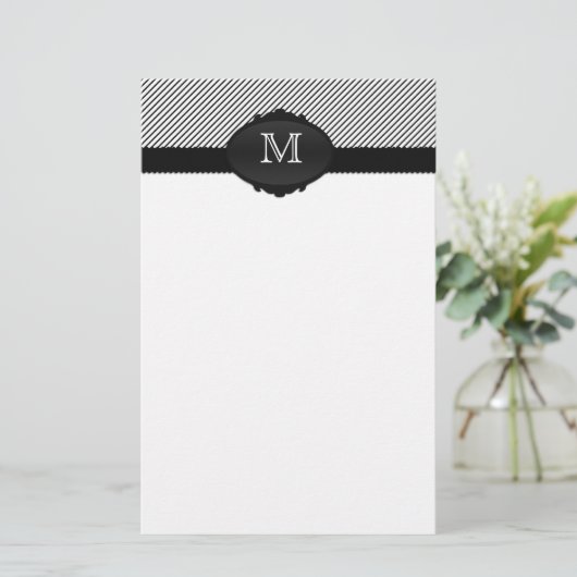 Zwart-wit Monogrammed Pinstripe Briefpapier (Staand voorkant)