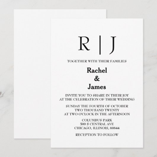 Zwart Wit Monogrammen Elegante Minimal Wedding Kaart (Voorkant / Achterkant)