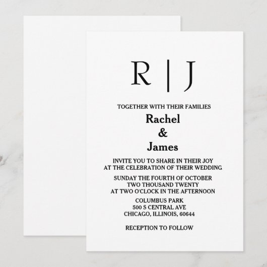 Zwart Wit Monogrammen Minimale Elegante Huwelijk Kaart (Voorkant / Achterkant)