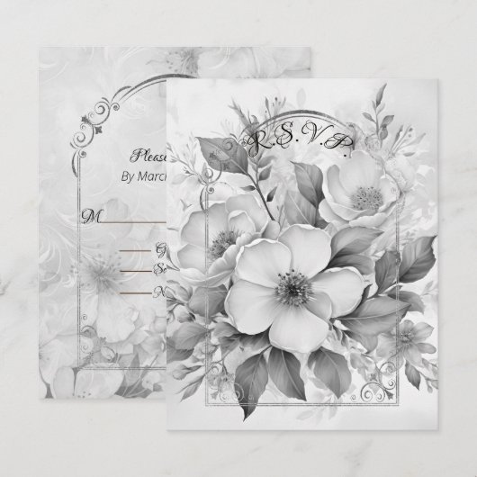 Zwart-wit Monotone Witte Rozen Gouden Lijst RSVP Kaartje (Voorkant / Achterkant)