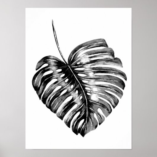 Zwart-wit monsterblad waterverf tropisch poster (Voorkant)