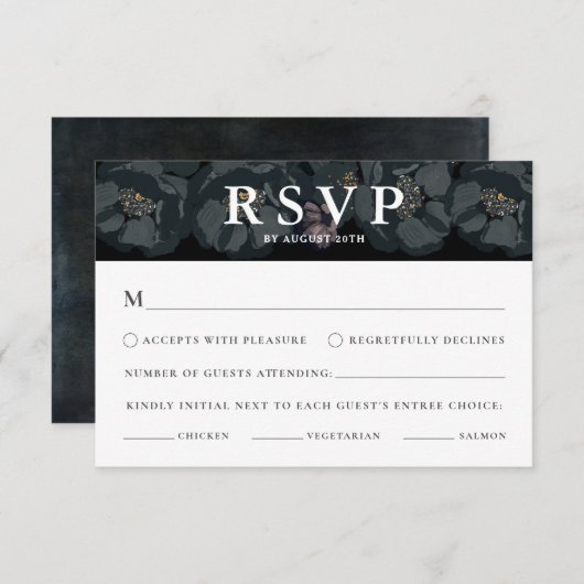 Zwart-wit Moody Bloemen Huwelijk RSVP Kaart (Voorkant / Achterkant)