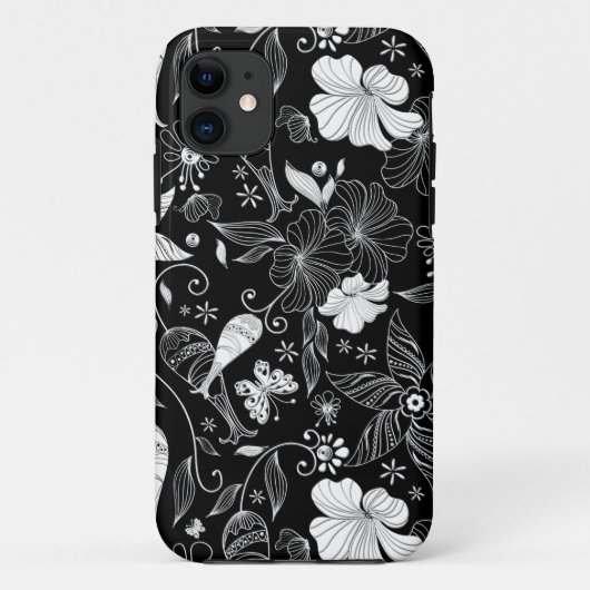 Zwart-wit mooi retro bloemen patroon Case-Mate iPhone case (Achterkant)
