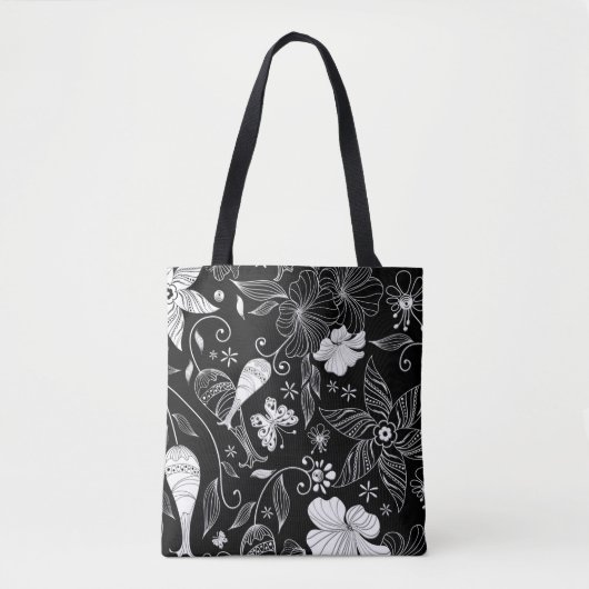 Zwart-wit mooi retro bloemen patroon tote bag (Voorkant)