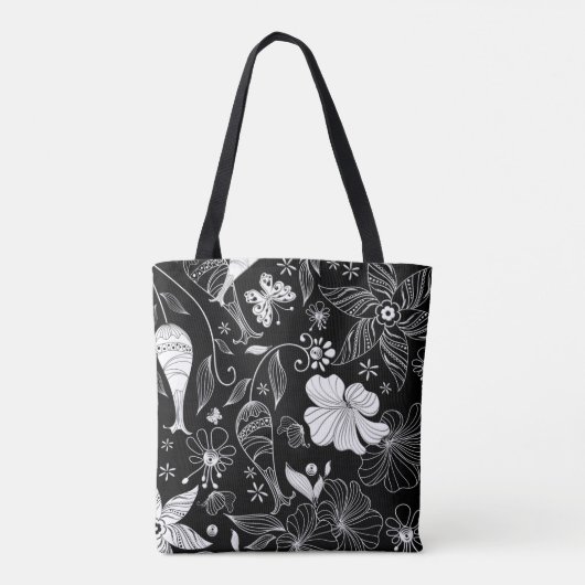 Zwart-wit mooi retro bloemen patroon tote bag (Achterkant)