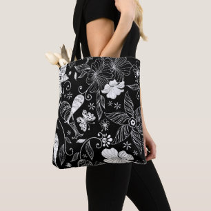 Zwart-wit mooi retro bloemen patroon tote bag