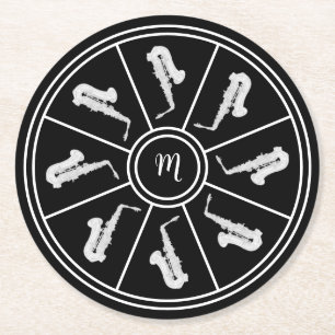 Zwart-wit motief met saxofoons en monogram ronde kartonnen onderzetter
