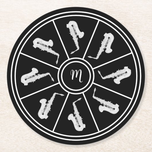 Zwart-wit motief met saxofoons en monogram ronde kartonnen onderzetter (Voorkant)
