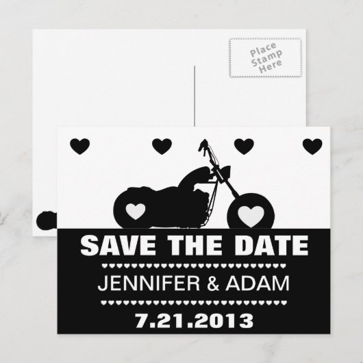 Zwart & Wit Motorfiets Biker Sla de Datum Postc Aankondigingskaart (Voorkant / Achterkant)