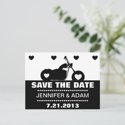 Zwart & Wit Motorfiets Biker Sla de Datum Postc Aankondigingskaart (Staand voorkant)