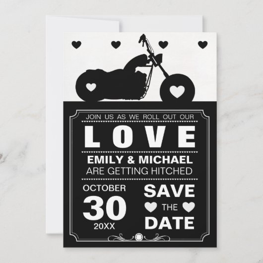 Zwart-wit motorfiets Silhouette Save the Date (Voorkant)
