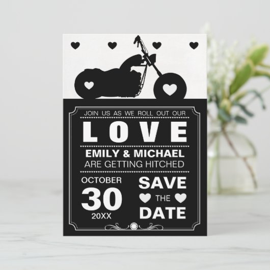 Zwart-wit motorfiets Silhouette Save the Date (Staand voorkant)