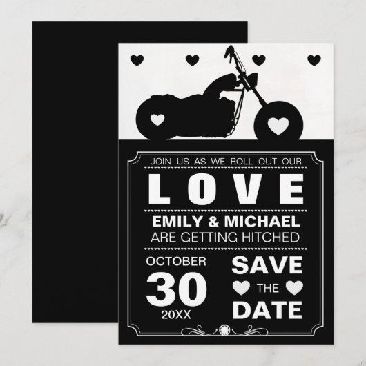 Zwart-wit motorfiets Silhouette Save the Date (Voorkant / Achterkant)