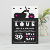Zwart-wit motorfiets Silhouette Save the Date (Staand voorkant)