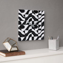 Zwart & Wit Mozaïek Abstract Geometrisch Patroon 6 Vierkante Klok