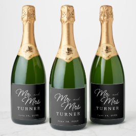 Zwart-wit Mr en Mrs Wedding Sparkling Wijnetiket